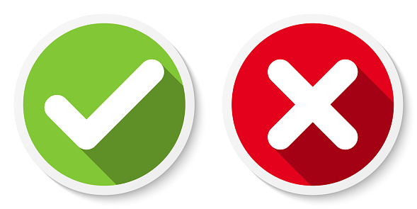 Set of V and X icons, buttons. Flat round check & cancel symbol stickers. Vector EPS 10