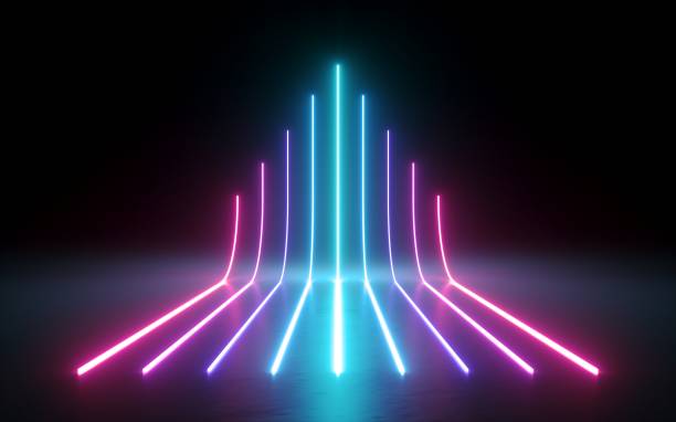 istock 3d render, abstract minimal background, glowing lines going up, arrow, chart, pink blue neon lights, ultraviolet spectrum, laser show 1041731256