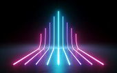 3d render, abstract minimal background, glowing lines going up, arrow, chart, pink blue neon lights, ultraviolet spectrum, laser show