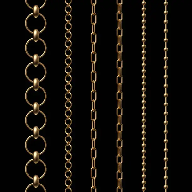Photo of 3d render, assorted gold chains, design elements set, collection, isolated on black background
