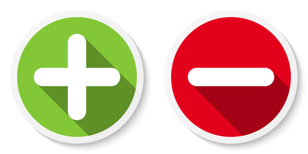 ilustrações de stock, clip art, desenhos animados e ícones de set of plus & minus sign icons, buttons. flat round positive & negative symbol stickers. - subtraction