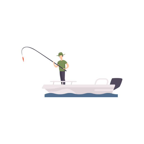рыбак, стоящий на лодке и рыбалка с удочкой вектор иллюстрация на белом фоне - recreational boat nautical vessel fishing rod motorboat stock illustrations