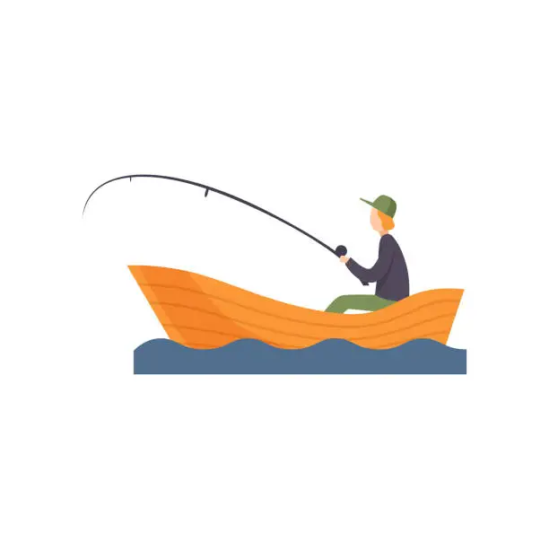 Vector illustration of Fisherman sitting on boat with fishing rod in his hand vector Illustration on a white background