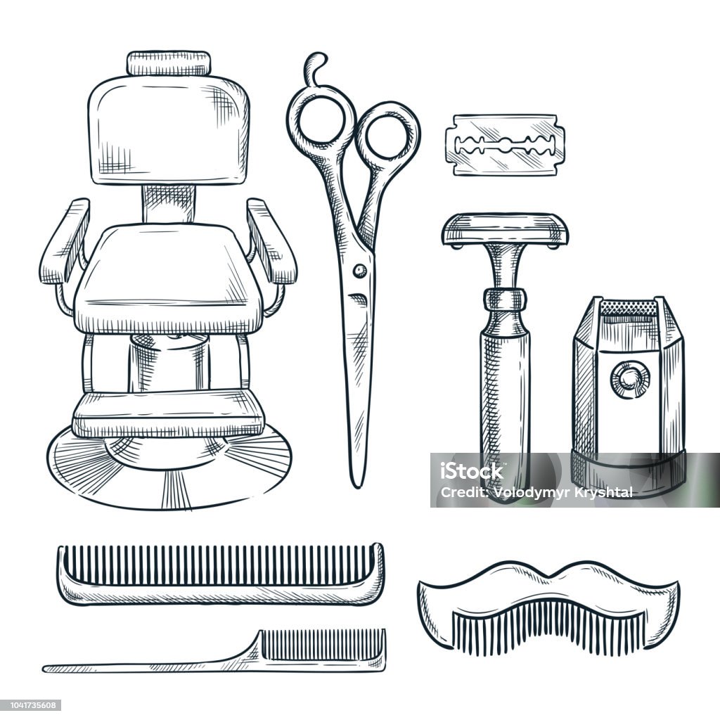 Barbershop vintage tools vector sketch illustration. Hand drawn icons and design elements for mens barber shop Barbershop vintage tools and equipment vector sketch illustration. Hand drawn icons and design elements for mens barber shop or salon. Armchair stock vector