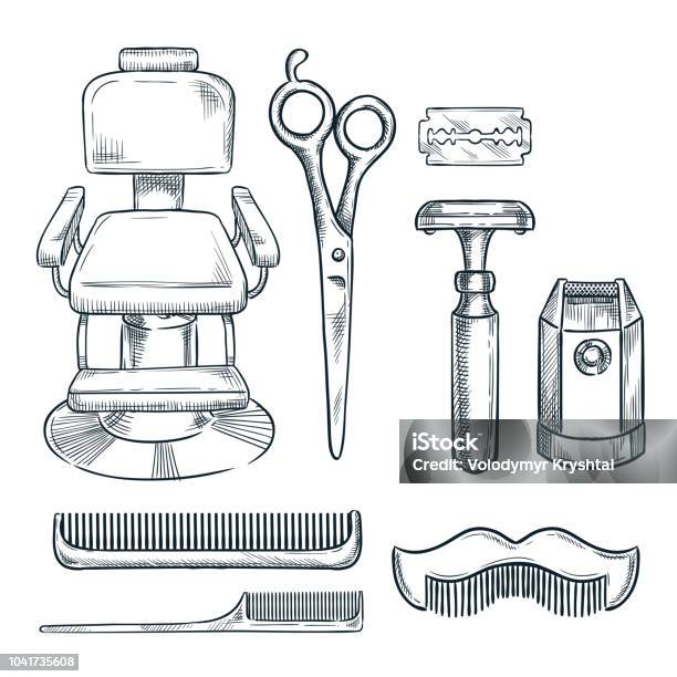 Barbershop Vintage Tools Vector Sketch Illustration Hand Drawn Icons And Design Elements For Mens Barber Shop Stock Illustration - Download Image Now