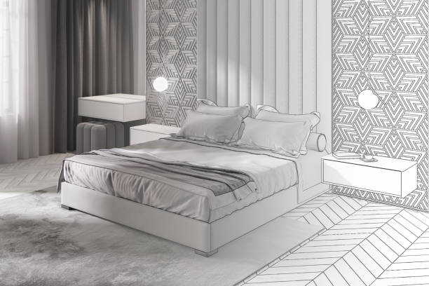 istock Sketch of modern bedroom interior turns into a real interior 1041738496