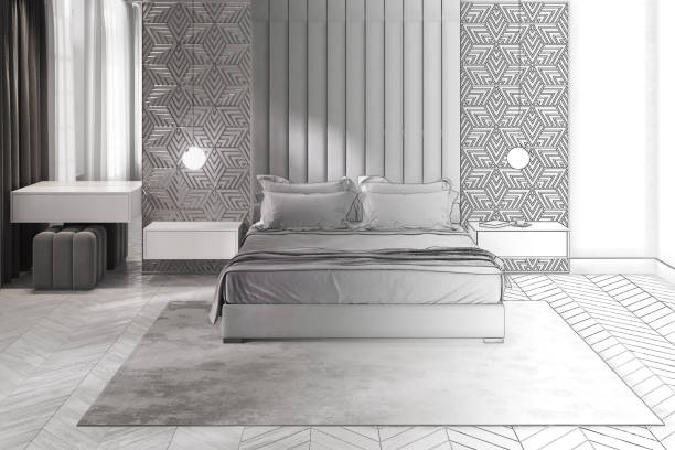 istock Sketch of modern bedroom interior turns into a real interior. Front view 1041738530