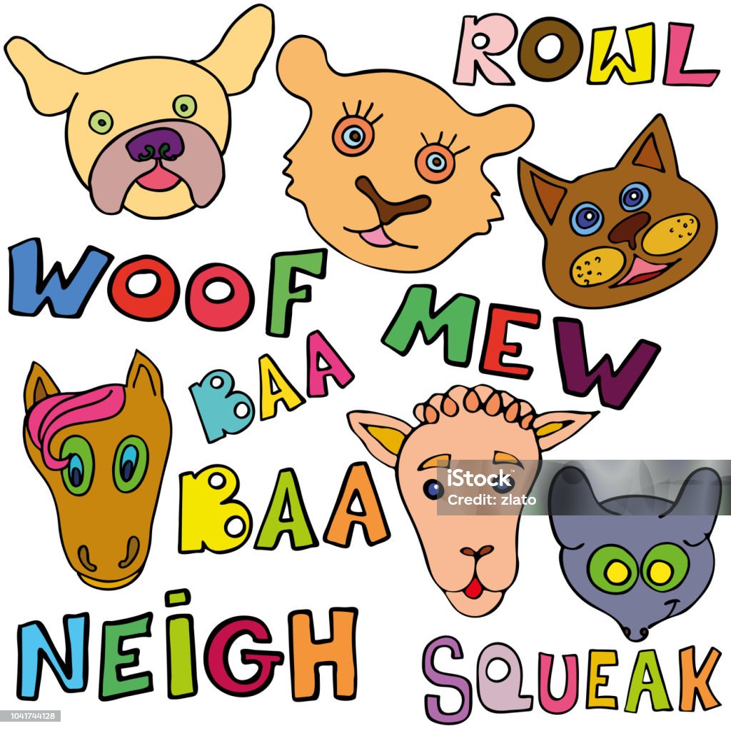 Set Of Doodle Funny And Cute Animals And Their Sounds Stock Illustration -  Download Image Now - iStock