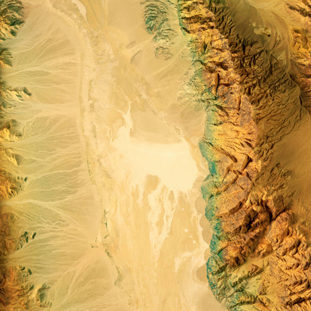 Badwater Death Valley 3D Render Topographic Map Color 3D Render of a Topographic Map of the Area around Badwater, Death Valley, California.
All source data is in the public domain.
Color texture: U.S. Geological Survey, US Topo
https://viewer.nationalmap.gov/basic/?basemap=b1&category=ustopo&title=US%20Topo%20Download
Relief texture: SRTM data courtesy of USGS. URL of source image: 
https://e4ftl01.cr.usgs.gov//MODV6_Dal_D/SRTM/SRTMGL1.003/2000.02.11/
Water texture: 
USGS The National Map: National Hydrography Dataset (NHD):
https://nationalmap.gov/hydro.html mojave desert stock pictures, royalty-free photos & images
