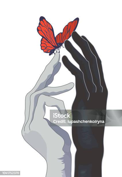 Hands Of A Harlequin With A Butterfly On The Tip Of A Finger Stock Illustration - Download Image Now