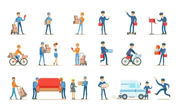 Vector illustration of Delivery service set, couriers delivering packages, letters, furniture to clients vector Illustrations on a white background