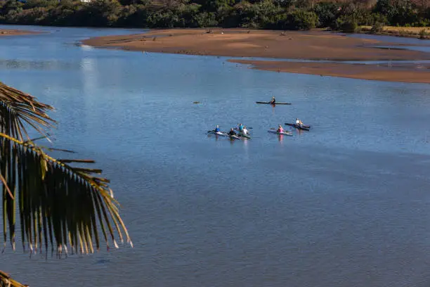 River canoeing athletes training looking over high angle view coastal lagoon water landscape.