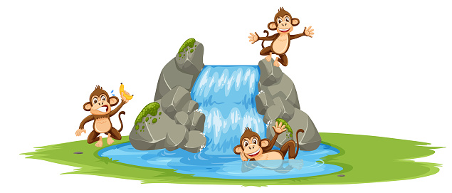 Group Of Monkey At The Water Stock Illustration - Download Image Now -  Animal, Animal Wildlife, Art - iStock