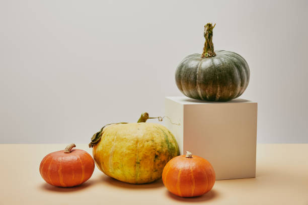 istock autumnal decoration with pumpkins and cube on table 1041762812