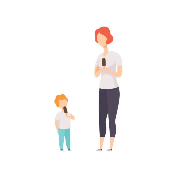 Vector illustration of Mother and her little son eating popsicles, people enjoying eating of frozen summer dessert vector Illustration on a white background