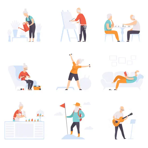 Vector illustration of Elderly people enjoying various hobbies, senior men and women leading an active lifestyle social concept vector Illustration on a white background