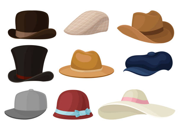 Flat vector set of man and woman hats. Stylish male and female headwear. Baseball cap and elegant panama. Fashion theme Colorful vector illustrations in flat style isolated on white background. cap hat illustrations stock illustrations