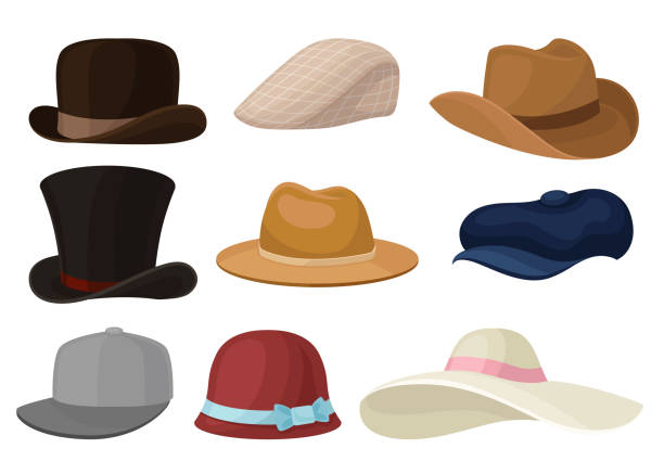 Flat vector set of man and woman hats. Stylish male and female headwear. Baseball cap and elegant panama. Fashion theme Colorful vector illustrations in flat style isolated on white background. bowler hat stock illustrations