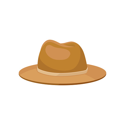Illustration of classic men s wide-brimmed hat. Stylish accessory. Trendy casual headwear. Brown male panama. Fashion theme. Colorful flat vector isolated on white background. Cartoon style icon.