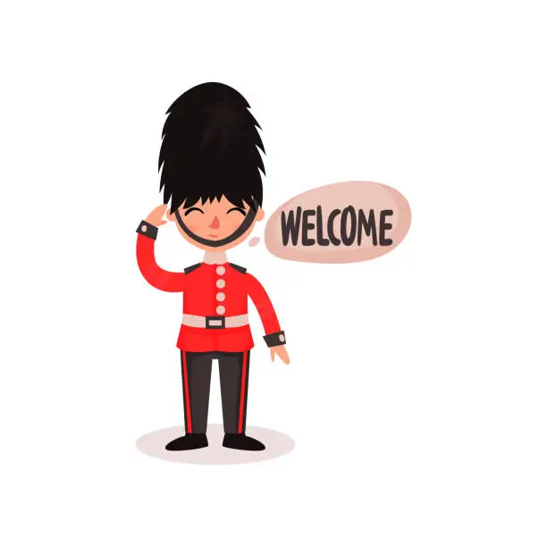 Vector illustration of Cartoon character of guardsman in uniform and hat. National British guard. Friendly royal soldier saying Welcome . Flat vector icon