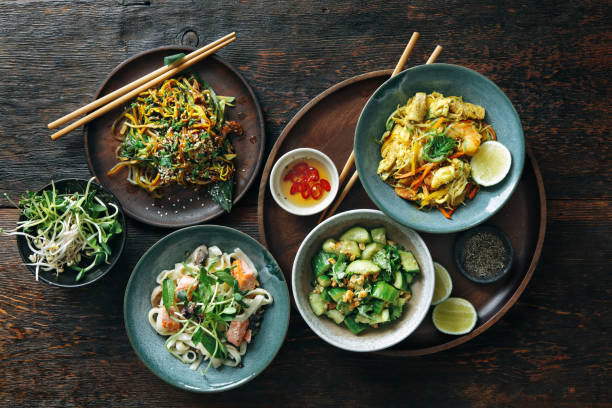 Bowls with Japanese food