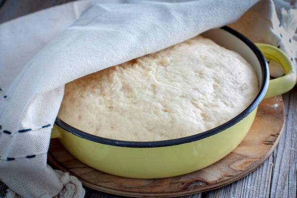 massa de levedura cru em uma tigela sobre uma mesa de madeira. estilo country, foco seletivo - yeast dough - fotografias e filmes do acervo