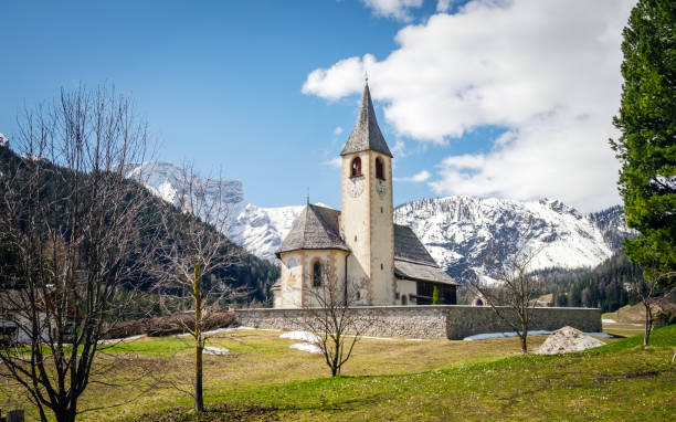 Parish Church of San Vito in Dolomites Alps stock photo