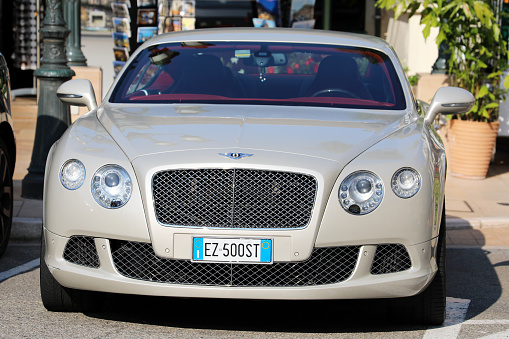 Monte-Carlo, Monaco - September 19 2018 : Luxury Bentley Continental GTC (Front View) Parked in Front of the Monte-Carlo Casino in Monaco, French Riviera