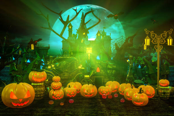 istock halloween pumpkin cartoon style cemetery with light 1041796658