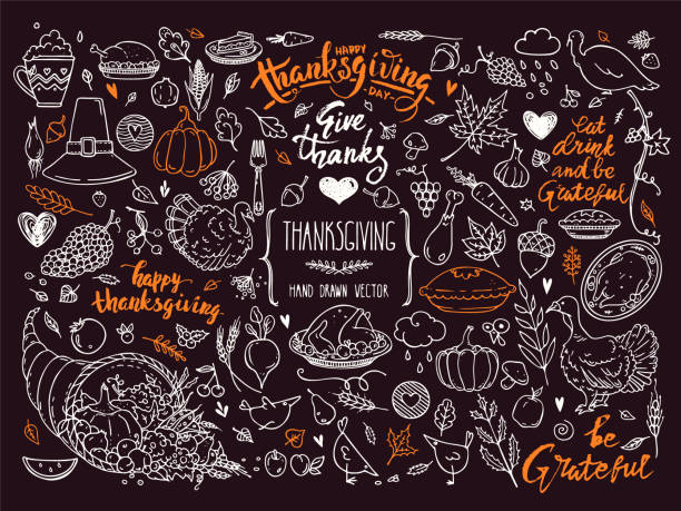 Thanksgiving Symbols Linear Illustrations, Lettering Clipart Collection. Hand Drawn Elements For Festive Flyer, Poster, Banner, Invitation Design Templates. Isolated On Background. Thanksgiving traditional symbols. Hand drawn design elements, illustrations, handwritten lettering. Vector collection for banner, congratulation card, invitation, poster: pumpkin pie, turkey, corn etc. Isolated clipart on background. thanksgiving holiday icons stock illustrations