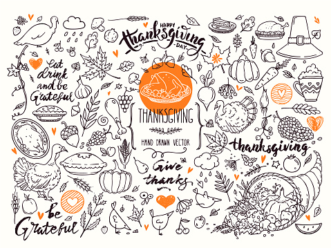 Thanksgiving traditional symbols. Hand drawn doodle style illustrations, handwritten lettering. Vector collection for congratulation cards. Festive quotes Happy Thanksgiving, Give Thanks, Be Grateful.