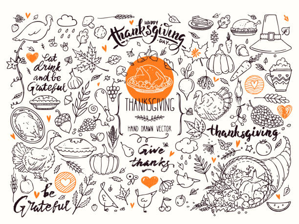 Happy Thanksgiving Linear Illustrations, Lettering Clipart Collection. Hand Drawn Elements For Festive Flyer, Poster, Banner, Invitation Design Templates. Isolated On Background. Thanksgiving traditional symbols. Hand drawn doodle style illustrations, handwritten lettering. Vector collection for congratulation cards. Festive quotes Happy Thanksgiving, Give Thanks, Be Grateful. thanksgiving holiday drawings stock illustrations