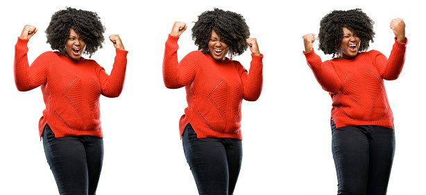 Young beautiful african plus size model happy and excited celebrating victory expressing big success, power, energy and positive emotions. Celebrates new job joyful isolated over white background. Collection composition 3 figures collage