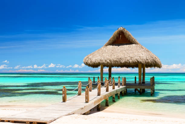 bellissimo gazebo sulla spiaggia tropicale di sabbia bianca - beach sunset sand wood foto e immagini stock