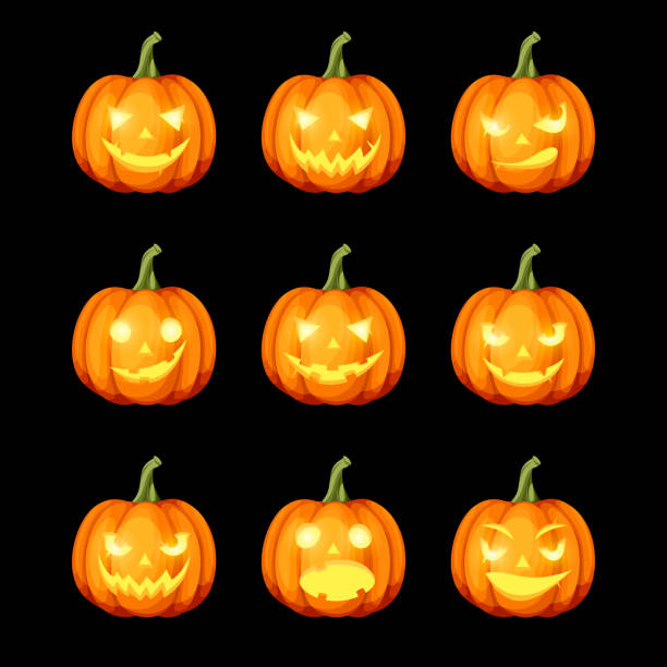illustrazioni stock, clip art, cartoni animati e icone di tendenza di set di jack-o'-lanterne (zucche di halloween). vettore eps-10. - gourd halloween fall holidays and celebrations