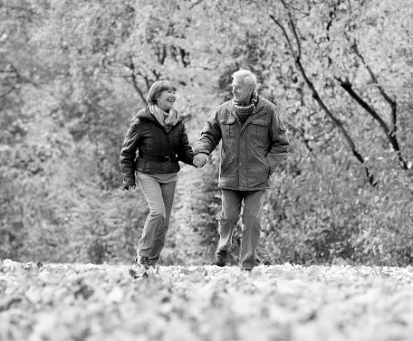 Senior couple walking on leaves in autumn in park. Black and white development (RGB-file).