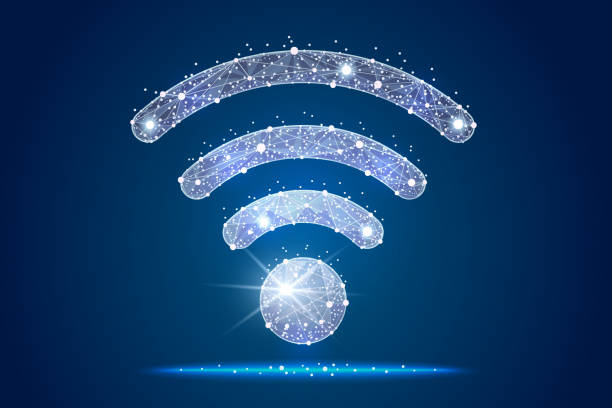 абстрактный дизайн wi-fi icon создан в виде звезд и созвездий на фоне космоса, изолированного от низкой полипроводки. - беспроводная технология stock illustrations