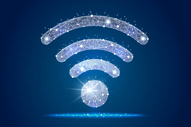 Wi-Fi Icon abstract design Created in the form of stars and constellations on the background of space,isolated from low poly wireframe on. abstract design Wi-Fi Icon Created in the form of stars and constellations on the background of space,geometric design low poly wireframe. Vector abstract polygonal image mash line and point. Digital graphics illustration access point router stock illustrations