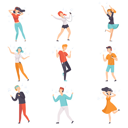 Diverse people listening music with headphones and dancing set, young faceless guys and girls in casual clothes with headphones and audio players vector Illustrations isolated on a white background.