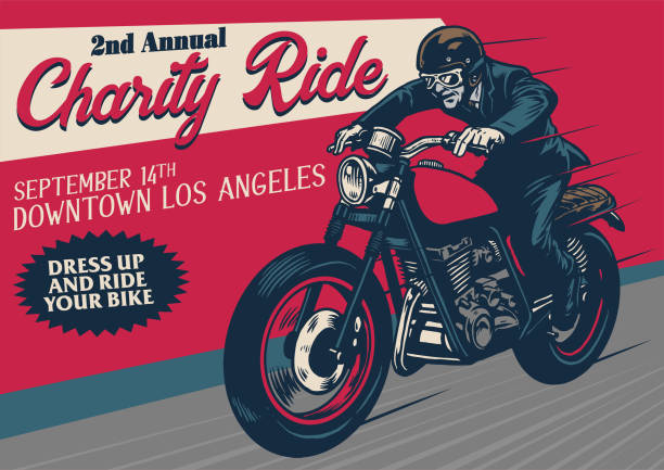 illustrazioni stock, clip art, cartoni animati e icone di tendenza di poster evento motociclistico vecchio stile - bicycle cycling men riding