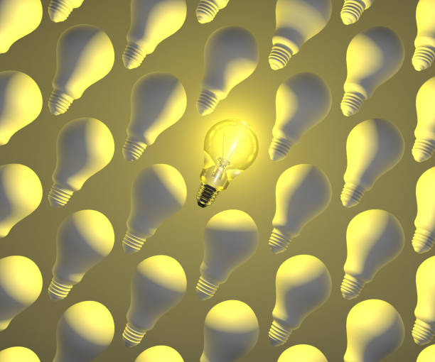 istock Light bulb idea, 3d. Only one glowing light bulb in a row with other light bulb 1041831964