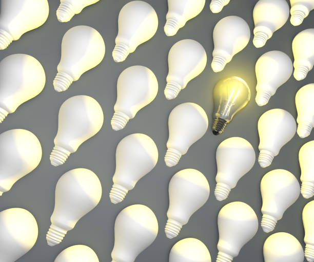 istock Light bulb idea, 3d. Only one glowing light bulb in a row with other light bulb 1041832008
