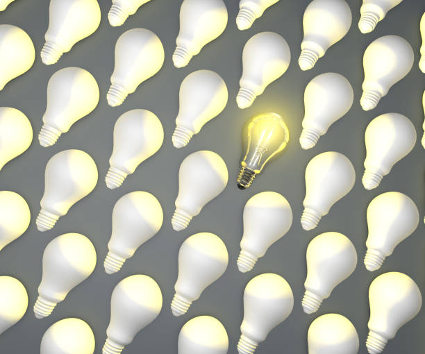 istock Light bulb idea, 3d. Only one glowing light bulb in a row with other light bulb 1041832050