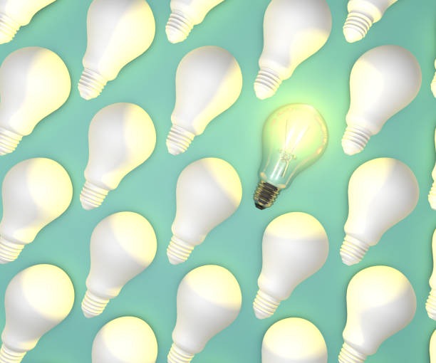 istock Light bulb idea, 3d. Only one glowing light bulb in a row with other light bulb on blue 1041832276