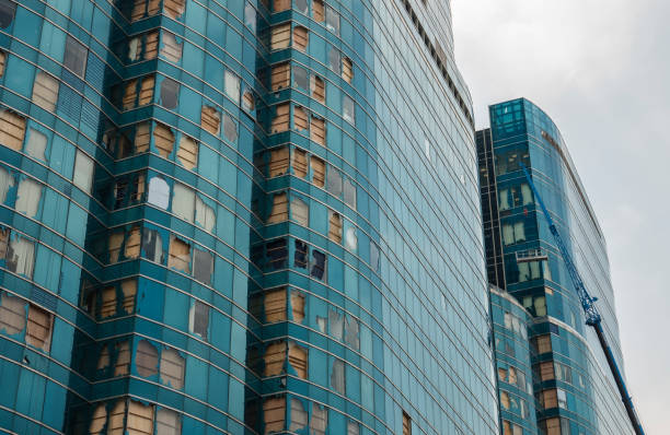 September 20, 2018, Hong Kong: Dozens of window panels are blown out by Typhoon Mangkhut at an office tower in Hung Hom. Typhoon Mangkhut is the most intense storm ever to hit Hong Kong since records began.