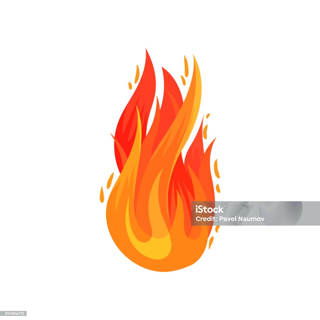 Icône de dessin animé de feu rouge-orangé lumineux dans le style plat. Flamme flamboyante chaude. Élément de vecteur plat pour affiche publicitaire, bannière, flyer - clipart vectoriel de Feu libre de droits