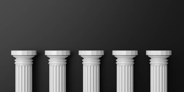 3d rendering five white marble pillars 3d rendering five white marble pillars on black background five columns stock pictures, royalty-free photos & images