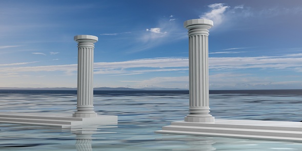 3d rendering two white marble pillars, blue sky, water background