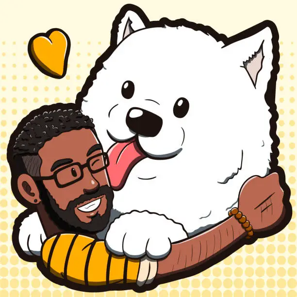 Vector illustration of Black man hugging a big Samoyed dog