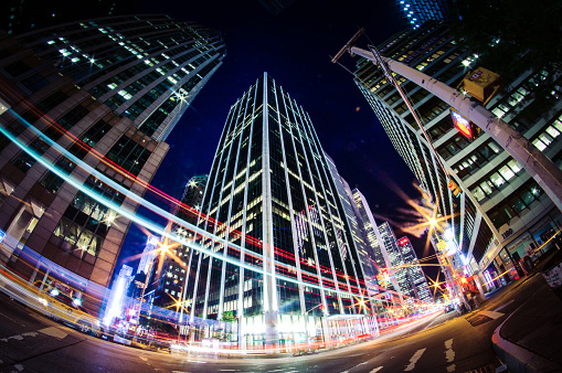 new york city at night. fish-eye lens long exposure